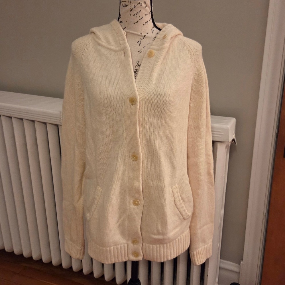 Lauren Ralph Lauren Merino+Angora+Cashmere Hooded Cardigan Cream Sweater Sz L
